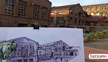 Muestra de dibujo realizado por un participante del taller de sketching: fachada de unos edificios.