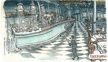 Ilustración realizada por el lazzer de la actividad, Shiembcn: interior de un restaurante de Barcelona