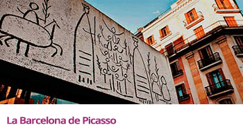 Exterior edificio ubicado en la plaza de la Catedral de Barcelona, con ilustraciones de Picaso pintadas.